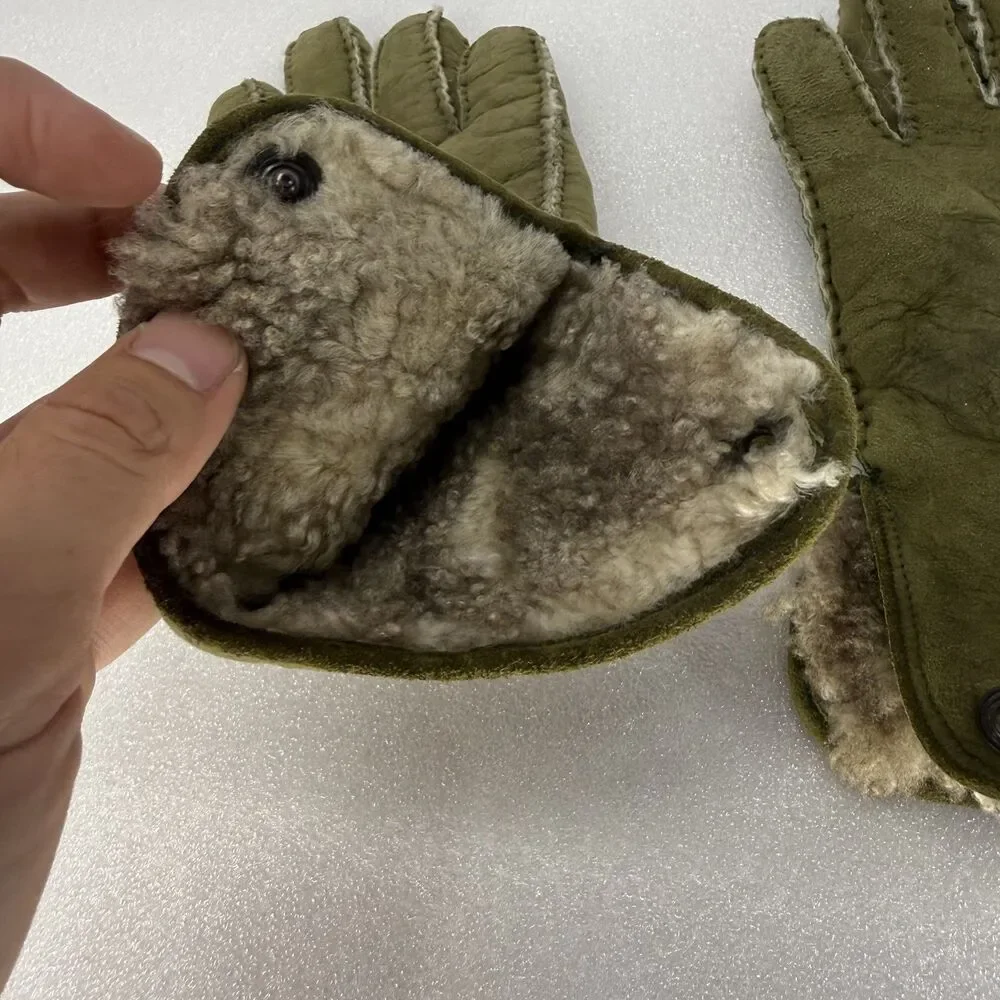 VTG Marshall Fields Gloves Mens 8.5 Green Suede Made In Italy Sherpa Lining Warm